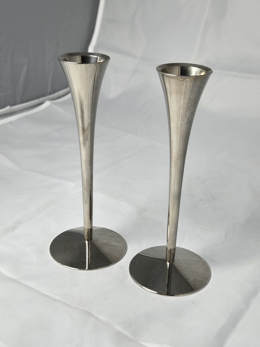 Arthur Salm AS Solingen Germany MCM Silver Plated Trumpet Candlestick Holders -